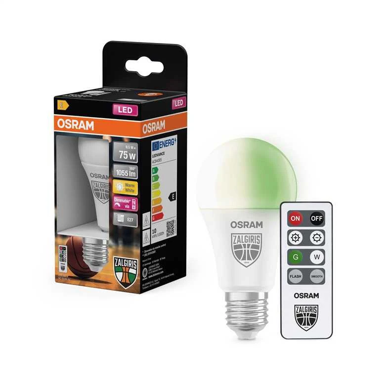 Osram 9,5W LED lemputė ŽALGIRIS EDITION, E27, 2700K/žalia šviesos sp., dimeriuojama