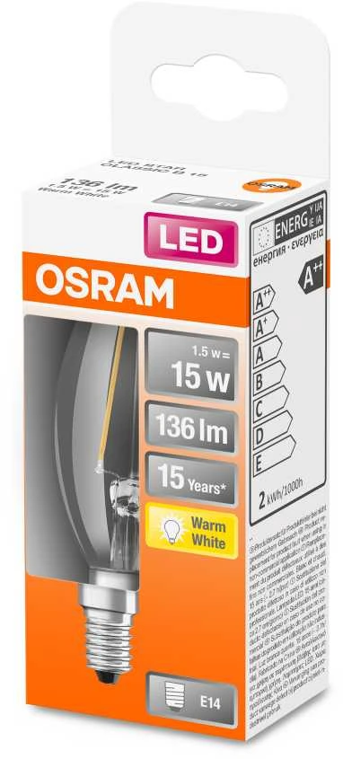 Osram 1W LED lemputė RETROFIT CLASSIC B, E14, skaidri, 300°, 2700K