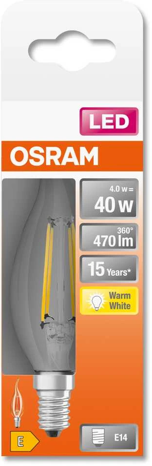 LED lempa Osram Filamentinė, BA35, 4W, E14, 2700K, 470lm