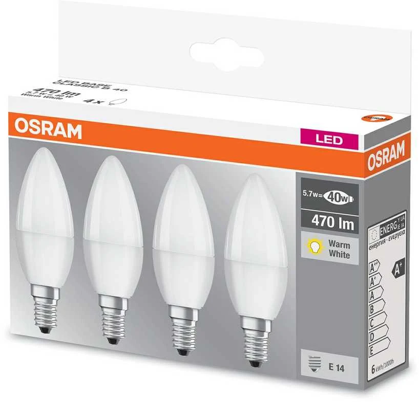 LED lemputės OSRAM BASE CLASSIC, E14, B40, 2700 K, 5,5 W, 470 lm, non-dim, 4 vnt