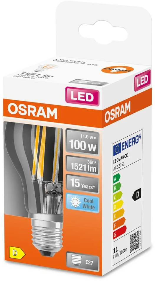 LED lemputė OSRAM Filament,E27, A100,klasikinės formos, 11W, 4000K, 1521lm,non-dim,skaidri