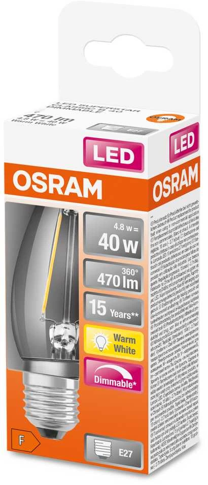 LED lemputė OSRAM Filament, E27, B40, žvakės formos, 4,8W, 2700K, 470 lm, dim, skaidri