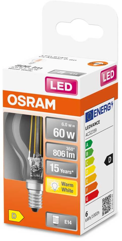 LED lemputė OSRAM Filament, E14, P60, burbuliukas, 5,5W, 2700K, 806lm, non-dim,skaidri