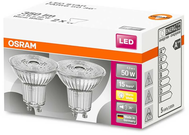 LED lempa Osram, PAR16, 36°, 4.3W, GU10, 827, 350lm x 2 vnt