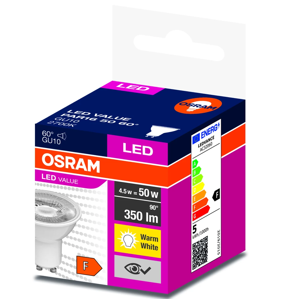 LED lemputė Osram PAR16, 60 °, 4.5W, GU10, 2700K, 350lm, 827