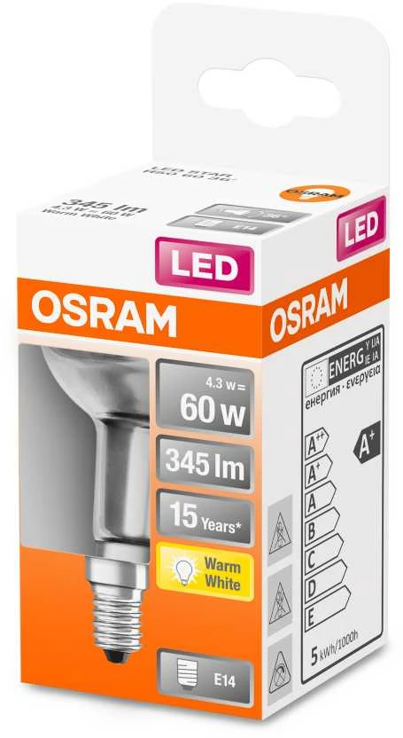 LED lempa Osram, R50, 36°, 4.3W, E14, 2700K, 345lm, skaidri