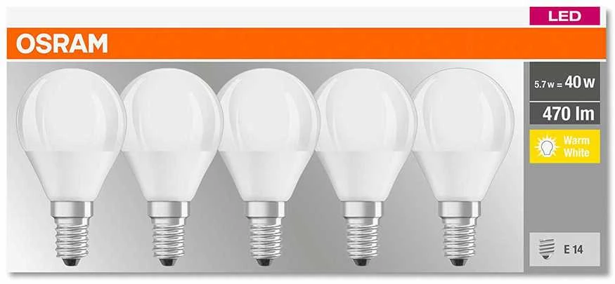 Ledvance OSRAM LED BASE CL P Fros. 5,7W 827 E14 470lm 2700K (CRI 80) 10000h A+ (Krabička 5ks)