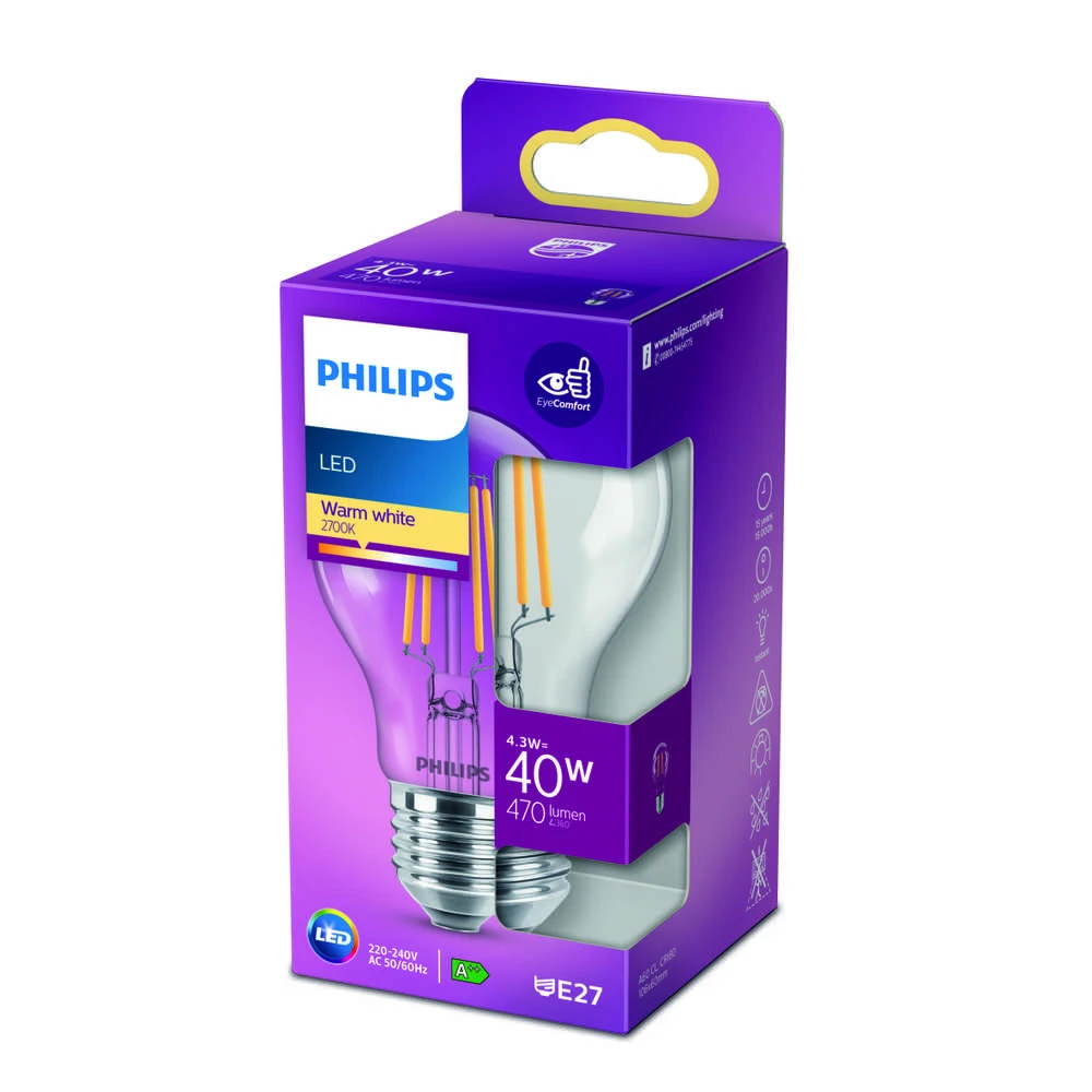LED lemputė PHILIPS, A60, E27, 4,3 W, 470 lm, 2700 K