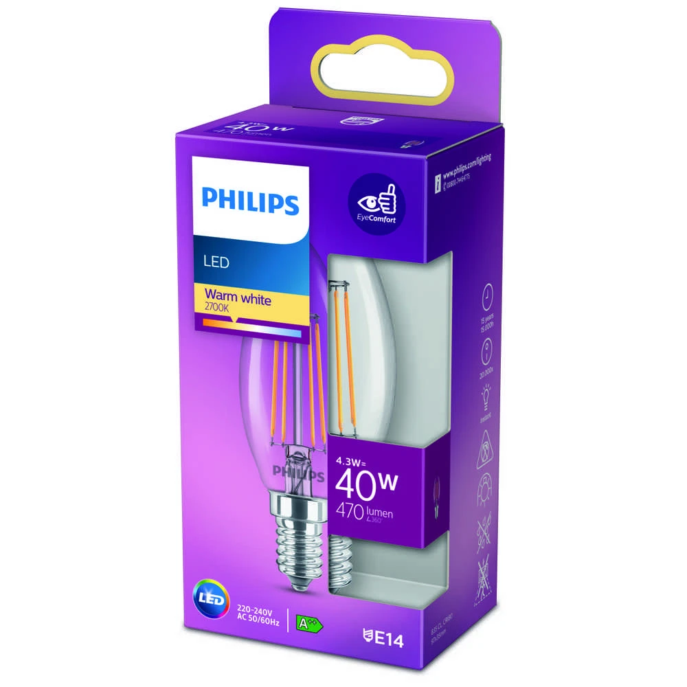 LED lempa Philips Fil, B35, 4.3W, E14, 2700K, 470lm, skaidri