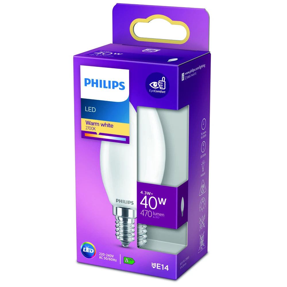 LED lemputė Philips B35, 4.3W, E14, 2700K, 470lm, matinė