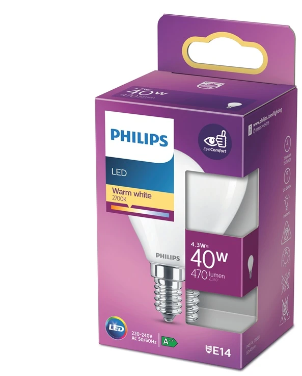 Lemputė Philips LED, P45, 2700 °K, E14, 4.3 W, 470 lm