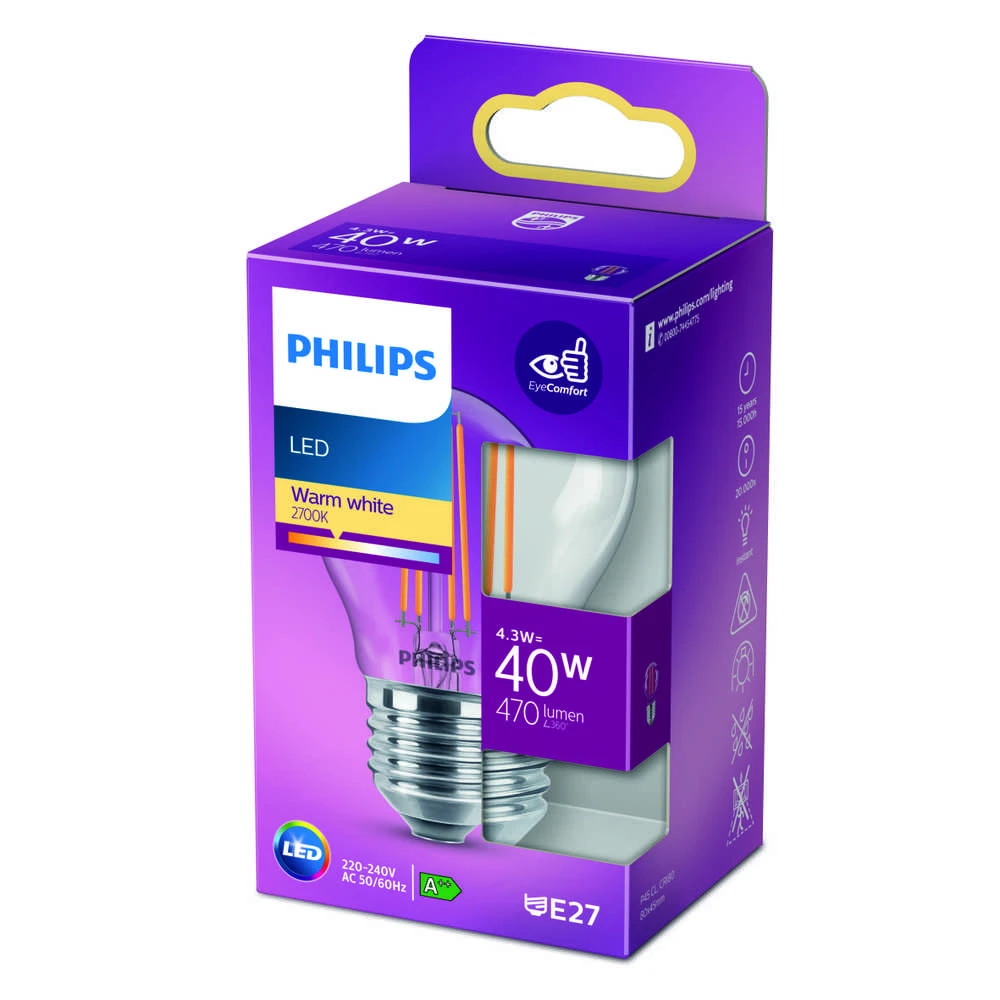 LED lemputė PHILIPS, P45, E27, 4,3 W, 470 lm, 2700 K
