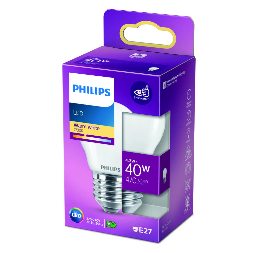 LED lemputė PHILIPS, P45, E27, 4,3 W, 470 lm, 2700 K