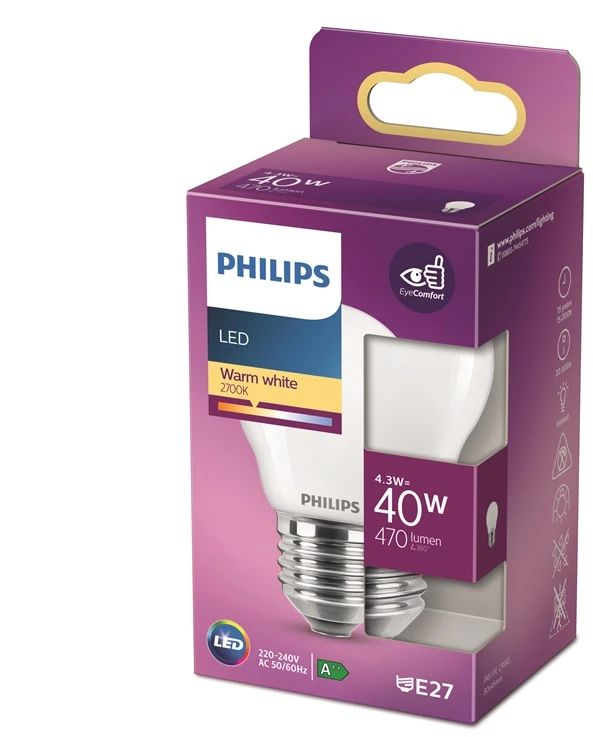 Spuldze Philips LED, P45, 2700 °K, E27, 4.3 W, 470 lm