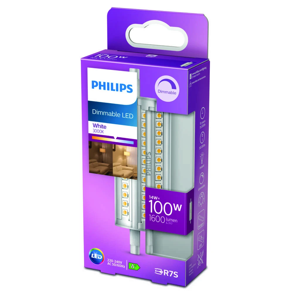LED lemputė Philips R7S, 14W, 118mm, 3000K, 1600lm, dim