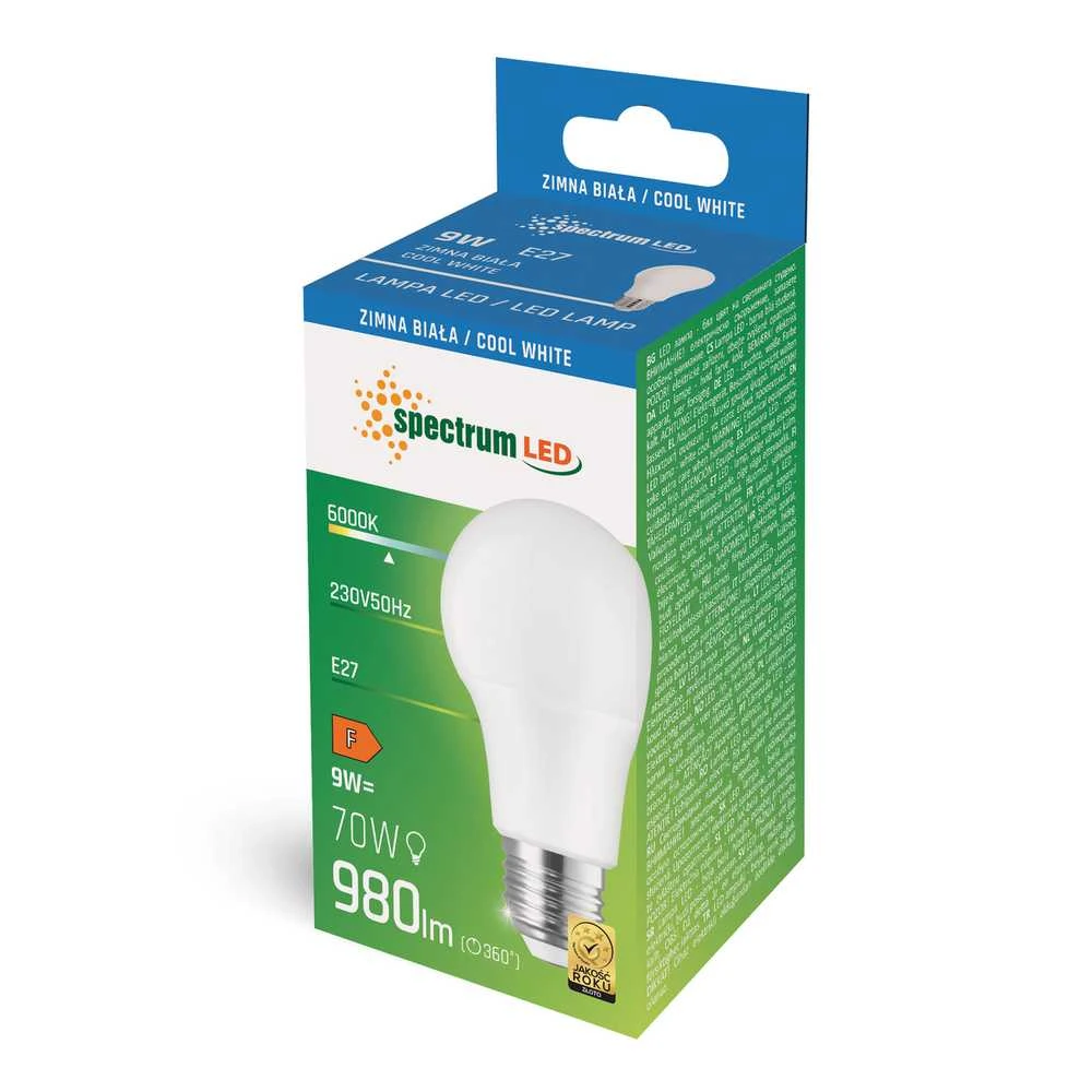 Lemputė Spectrum LED, E27 A60 9W 3000K 820LM PL