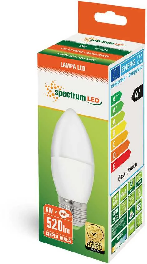 Lemputė Spectrum LED, B35, E27, 6W, 520LM, 3000K