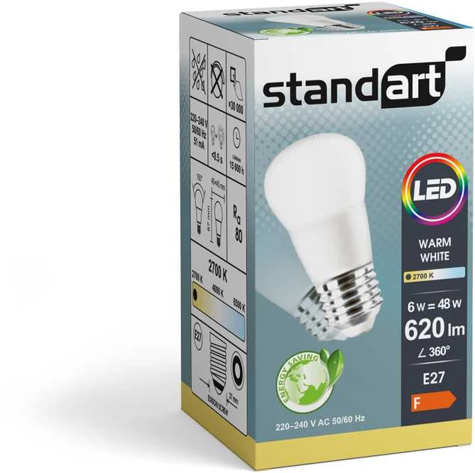 LED lemputė STANDART, P45, E27, 6 W, 620 lm, 2700 K