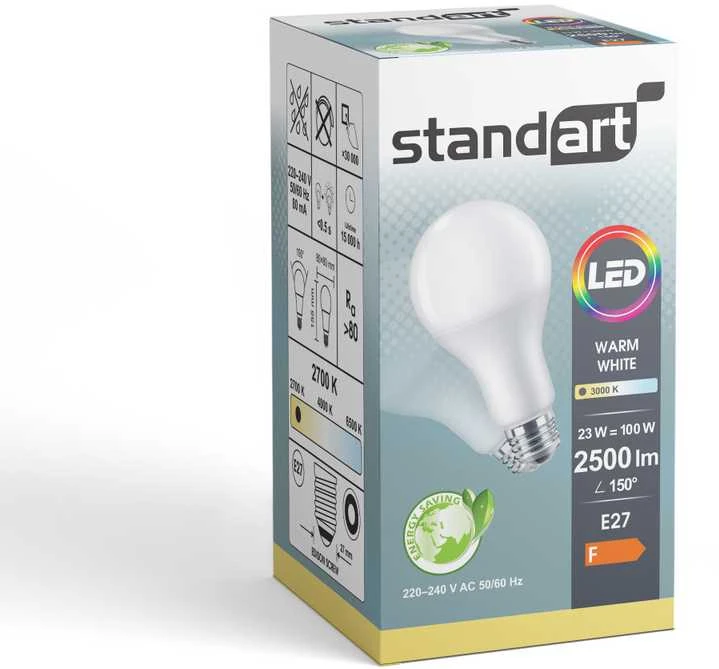 LED lemputė STANDART, A80, E27, 23 W, 2500 lm, 3000 K