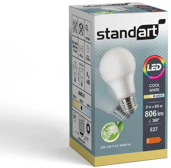 LED lemputė STANDART, A60, E27, 8 W, 806 lm, 4000 K