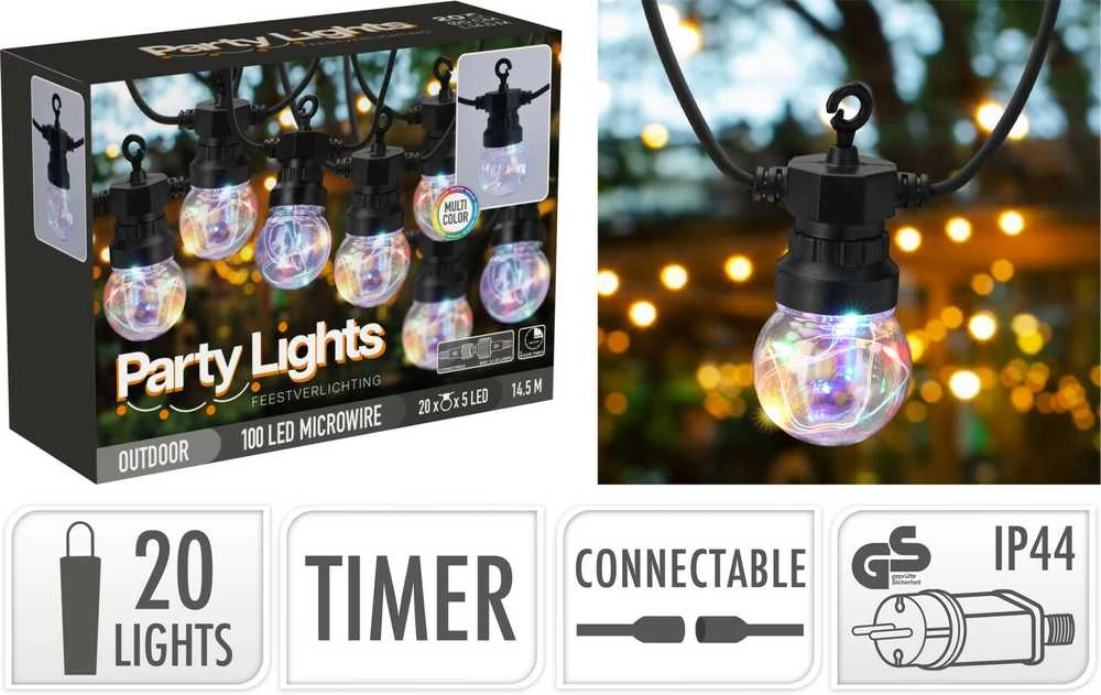 Sujungiama lauko girlianda su laikmačiu IP44 9.5m/20vnt. RGB/juodas