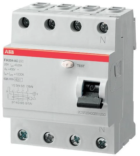 ABB Srovės nuotėkio relė FH204, 25A, 6kA, 30mA AC, 4P