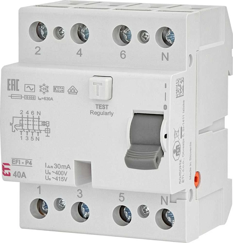 ETI Srovės nuotėkio relė EFI-P4, 40A, 10kA, 30mA AC, 3P+N