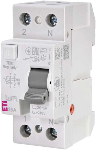 Srovės nuotėkio rėlė ETI EFI6-P2 A 6kA, 2P, 25 A, 240 V,30mA