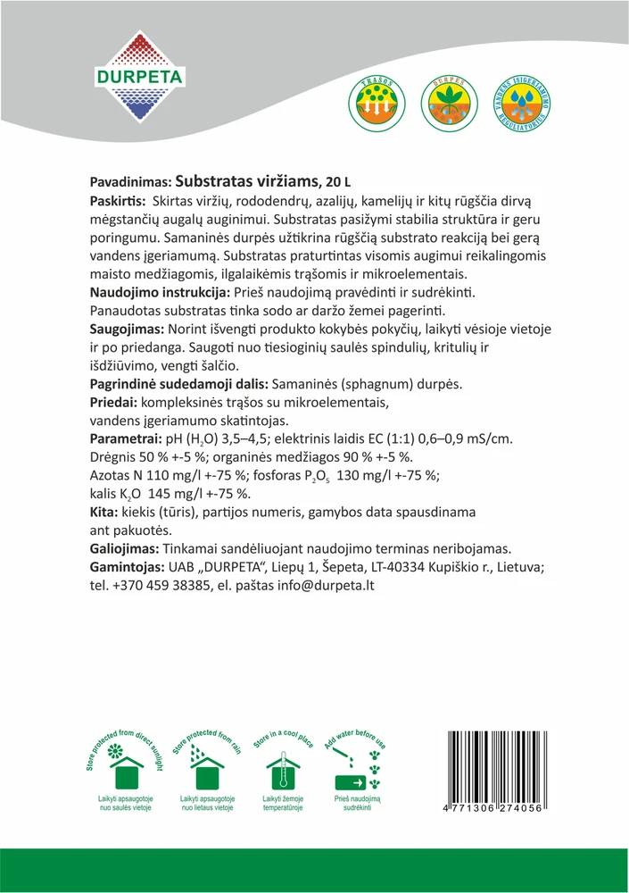 Viržių, rododendrų ir azalijų durpių substratas DURPETA, 20 l