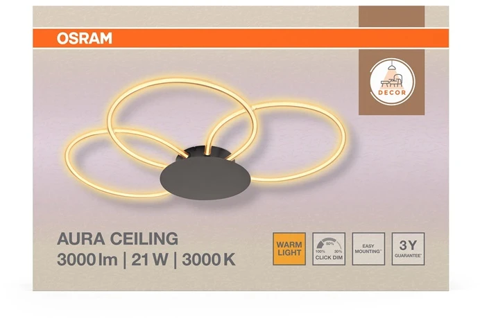 Lubinis šviestuvas Osram 21W LED paviršinis šviestuvas AURA, tamsiai pilkas, 3000K, dimeriuojamas