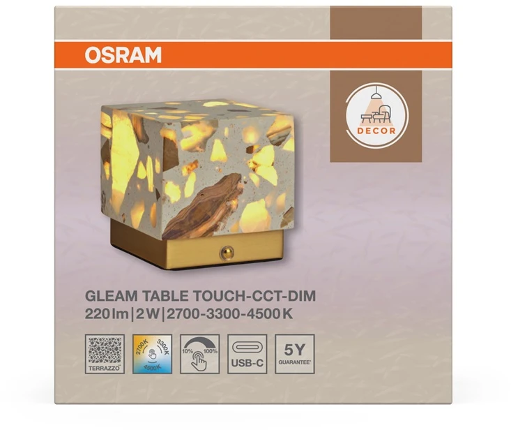 Osram 2W LED stalo šviestuvas GLEAM USB, smėlio sp., 2700/3300/4500K, dimeriuojamas, su baterija