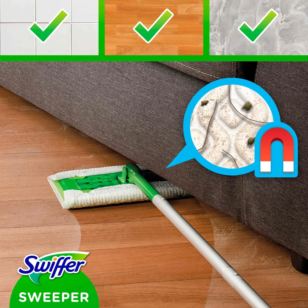 Swiffer Sweeper Starter Kit XXL: grindų šluota + sausos šluostės (8vnt.) + šlapios šluostės (3vnt.)