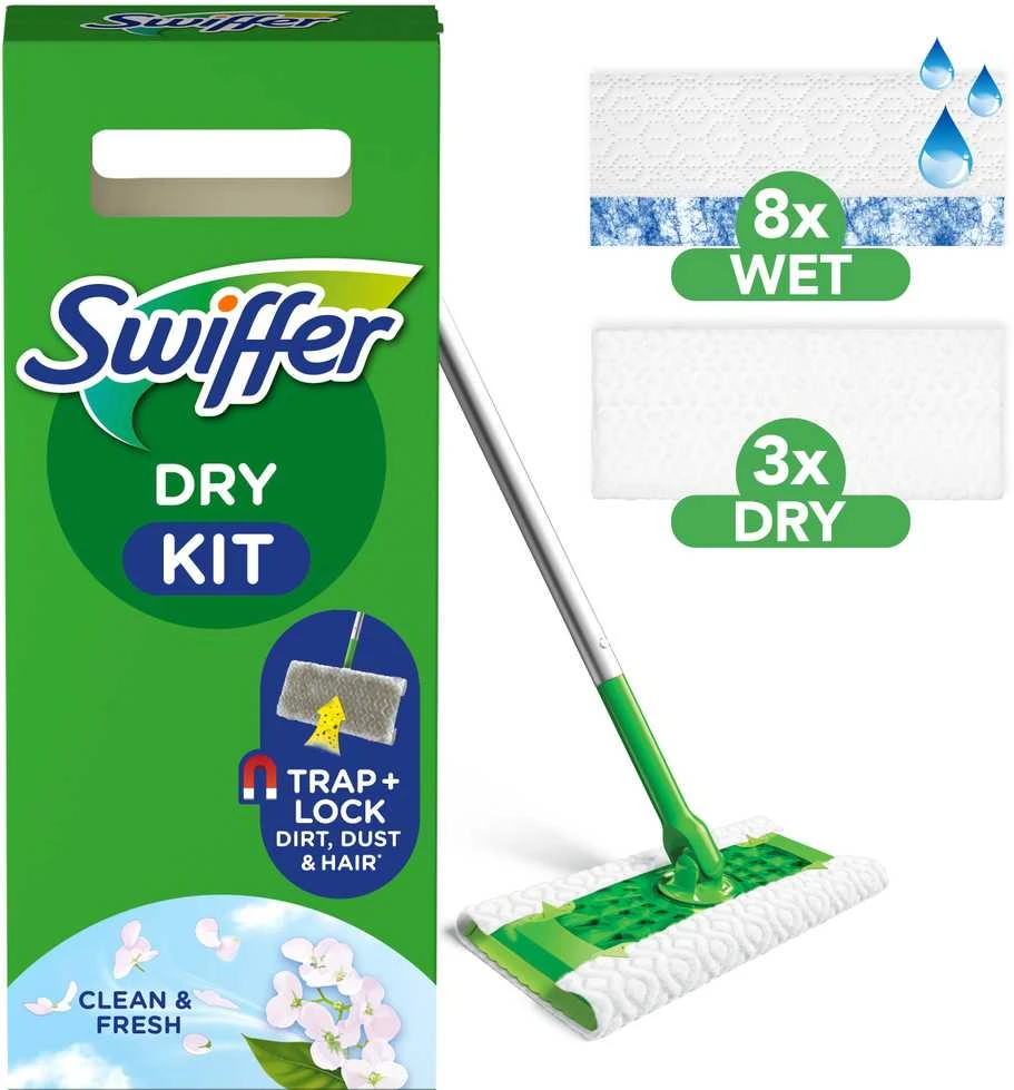 Swiffer Sweeper Starter Kit XXL: grindų šluota + sausos šluostės (8vnt.) + šlapios šluostės (3vnt.)