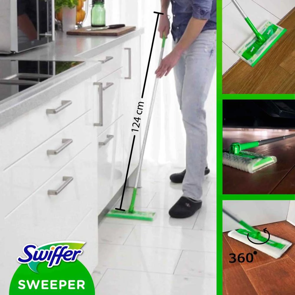 Swiffer Sweeper Starter Kit XXL: grindų šluota + sausos šluostės (8vnt.) + šlapios šluostės (3vnt.)