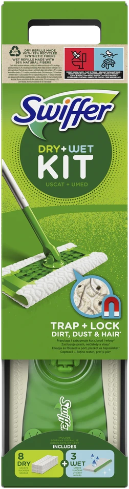 Swiffer Sweeper Starter Kit XXL: grindų šluota + sausos šluostės (8vnt.) + šlapios šluostės (3vnt.)