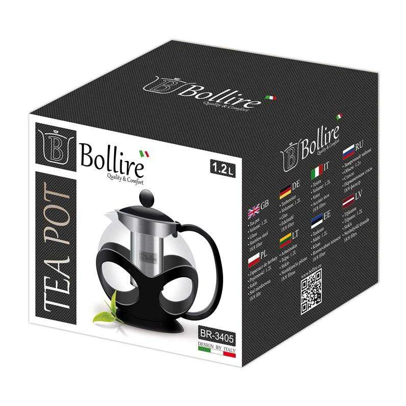 Tējkanna ar sietiņu Bollire BR3405, 1.2 l, caurspīdīga krās./melna krās.