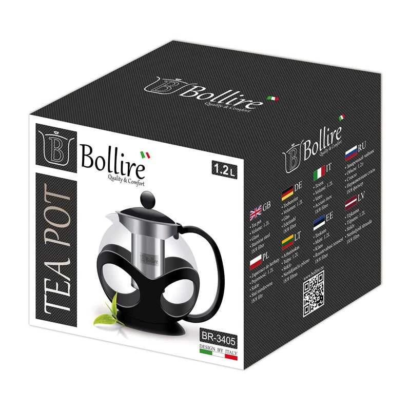 Tējkanna ar sietiņu Bollire BR3405, 1.2 l, caurspīdīga krās./melna krās.