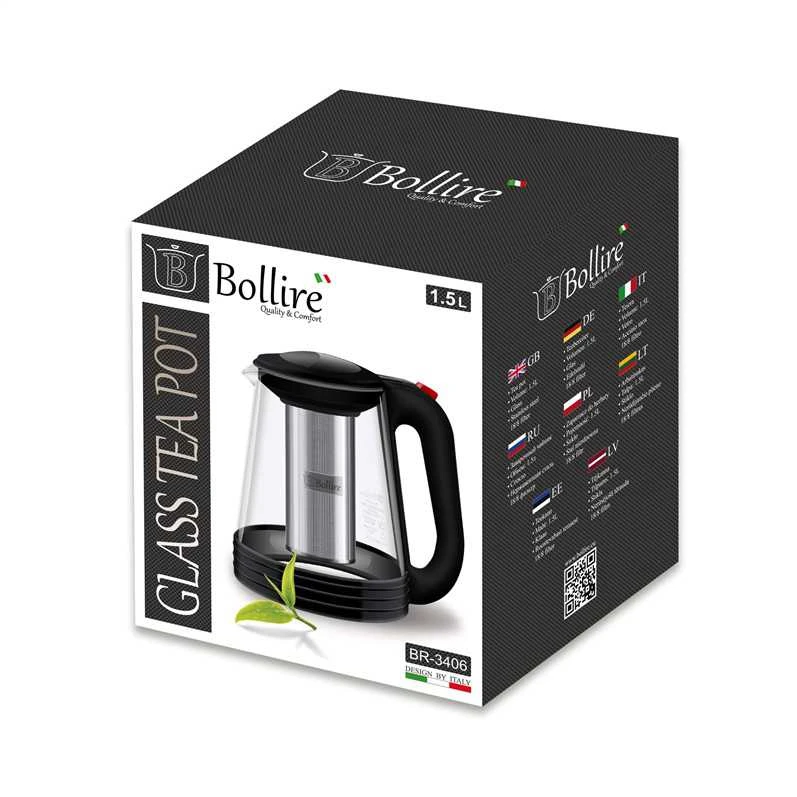 Tējkanna ar sietiņu Bollire BR3406, 1.5 l, caurspīdīga krās./melna krās.