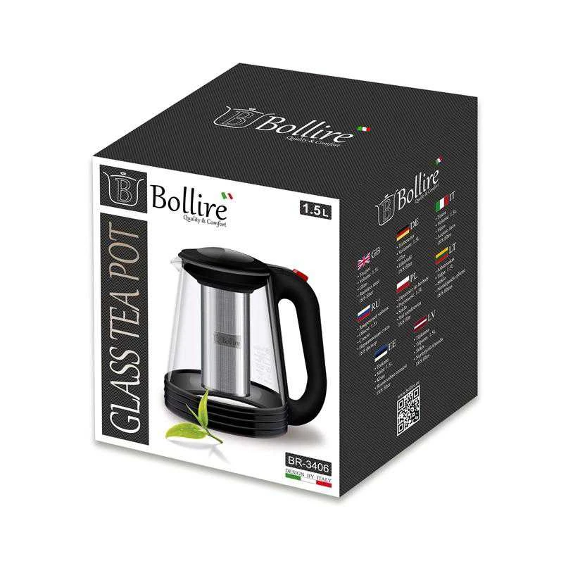 Tējkanna ar sietiņu Bollire BR3406, 1.5 l, caurspīdīga krās./melna krās.