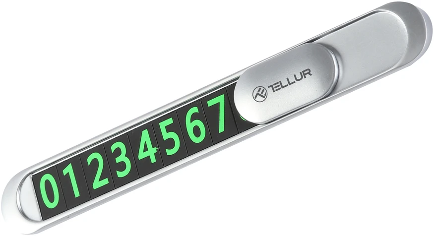 „Tellur“ laikino automobilio stovėjimo aikštelės telefono numerio kortelė, metalinė „Sidabrinis“