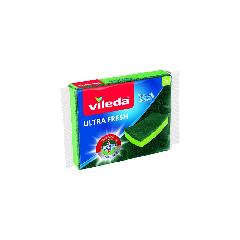 VILEDA Ultra Fresh kempinės, 2 vnt. – antibakterinės kempinės su apsauga nuo nemalonių kvapų.
