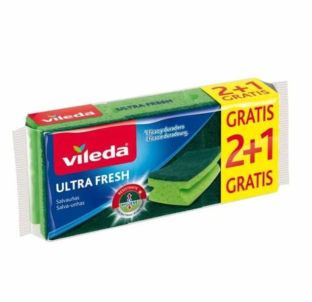 VILEDA Ultra Fresh kempinės, 3 vnt. – antibakterinės kempinės su apsauga nuo nemalonių kvapų.