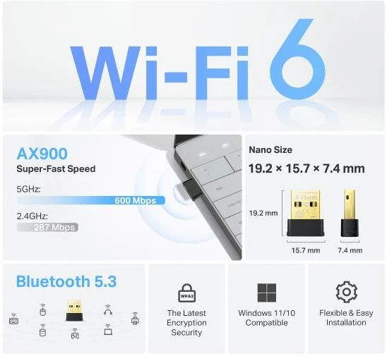 TP-Link ARCHER TX10UB Nano 900Mbps USB Wi-Fi / Bluetooth 5.3 adapteris