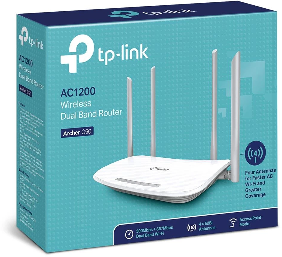 TP-Link Maršrutizatorius | Archer C50 | 802.11ac | 300+867 Mbit/s | 10/100 Mbit/s | Ethernet LAN (RJ-45) jungtys 4 | Mesh Support No | MU-MiMO No | No mobile broadband | Antenna type 2xExternal
