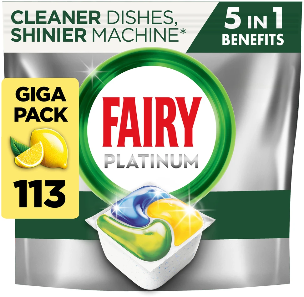 Indaplovių kapsulės Fairy Platinum All in One Lemon, 113 vnt., citrinų kvapo