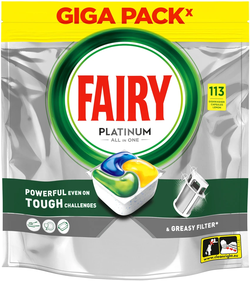 Indaplovių kapsulės Fairy Platinum All in One Lemon, 113 vnt., citrinų kvapo