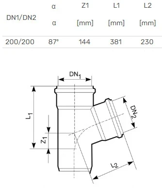 Lauko kanalizacijos trišakis Magnaplast, Ø 200 / 200 mm, 87°