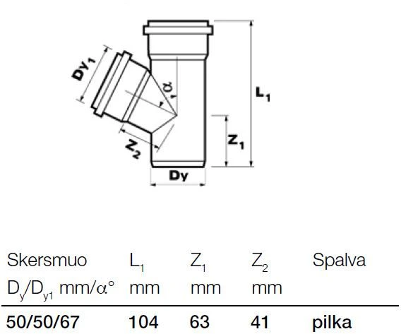 Vidaus kanalizacijos trišakis Wavin, Ø 50 / 50 mm, 67°