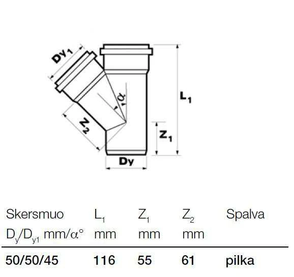 Wavin Baltic Vidaus kanalizacijos trišakis WAVIN OPTIMA, d , 50-50, 45*