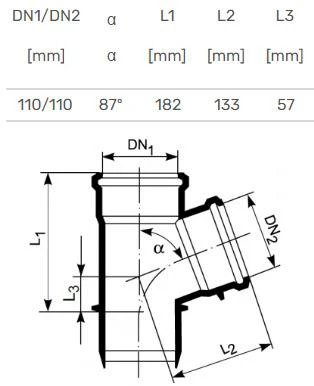 Trišakis mažatriukšmei vidaus kanalizacijai Magnaplast Ultra dB, 110 mm x 110 mm, 87 °